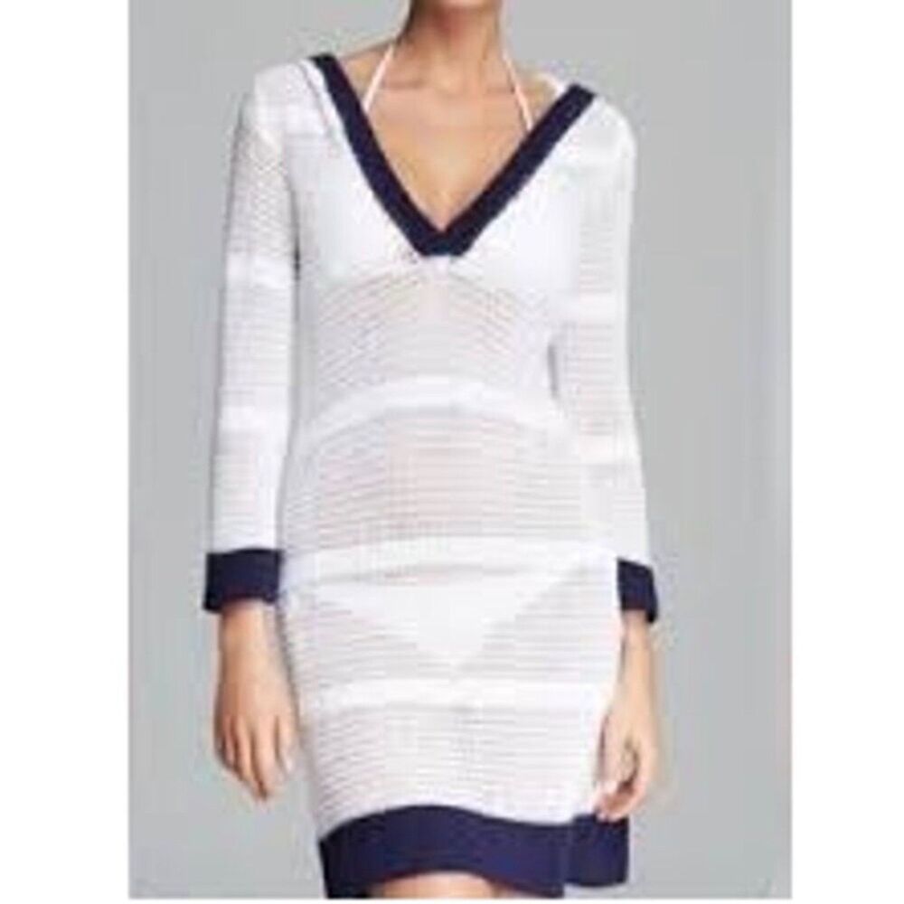 Tommy Bahama Open Knit Hooded Coverup Dress White Blue Accent Size XS EUC